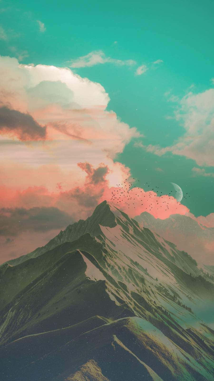 Berggipfel, Wolken, Illustration, Türkis, Rosa, HD, Hintergrundbild fürs Handy