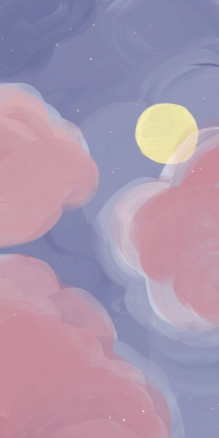 Wolken, Mond, Illustration, Rosa, Pastell, Hintergrundbild für iPhone und Android