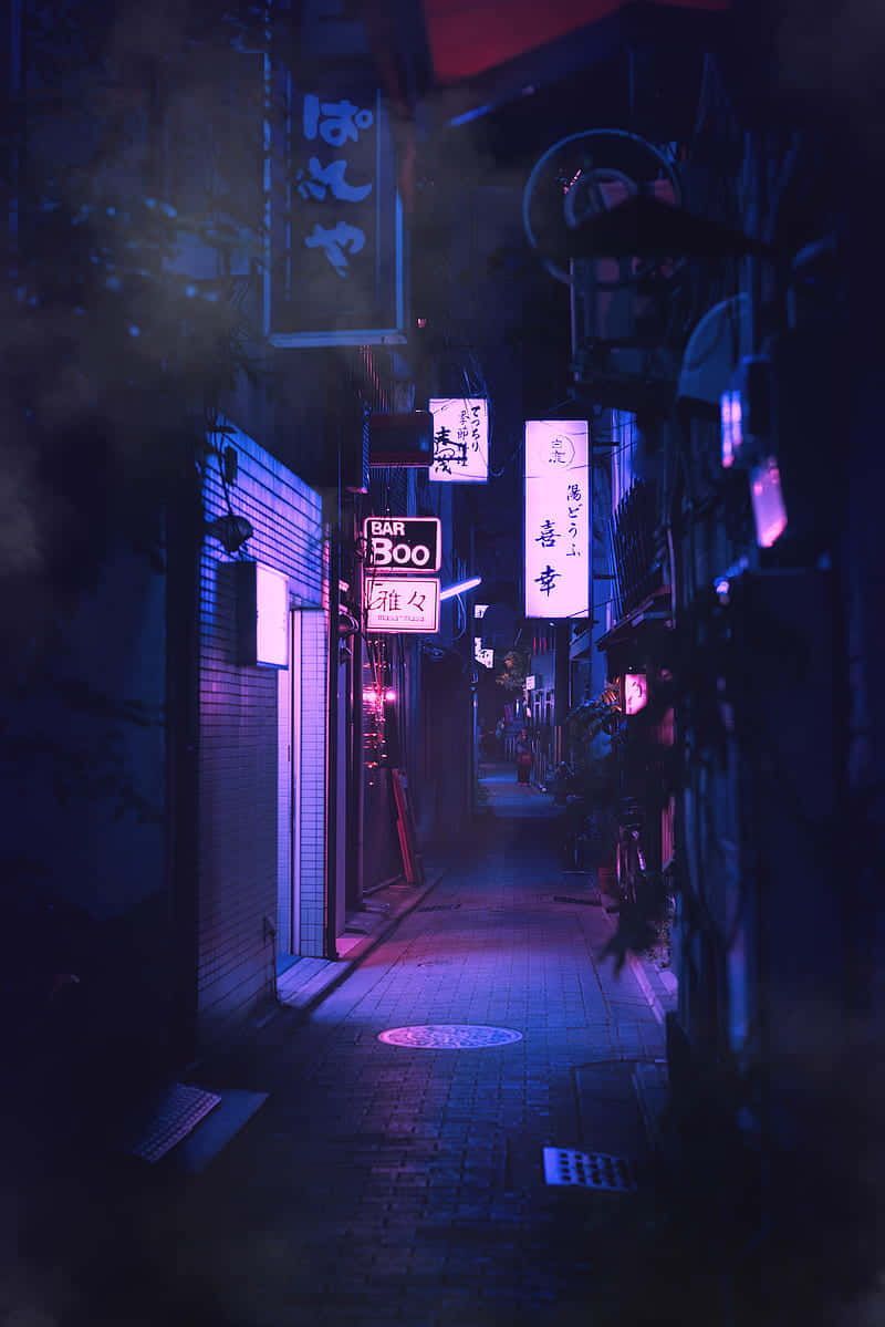 Japanische Gasse, Nacht, Neonlichter, Laternen, Blau, Hintergrundbild für iPad und Tablet