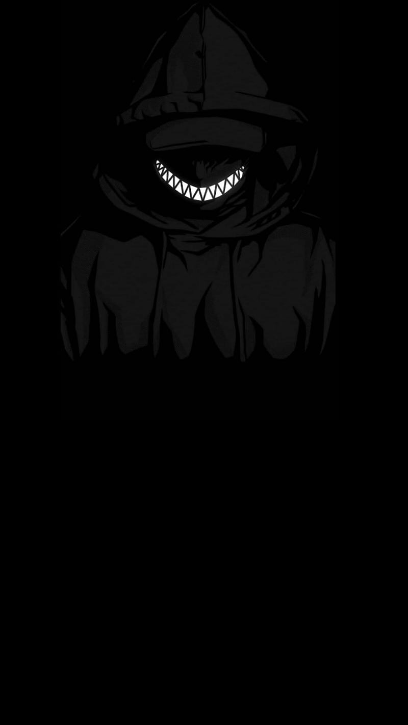 Kapuzenfigur, Grinsen, Schwarz, Gruselig, Minimalistisch, HD, Handy-Hintergrund