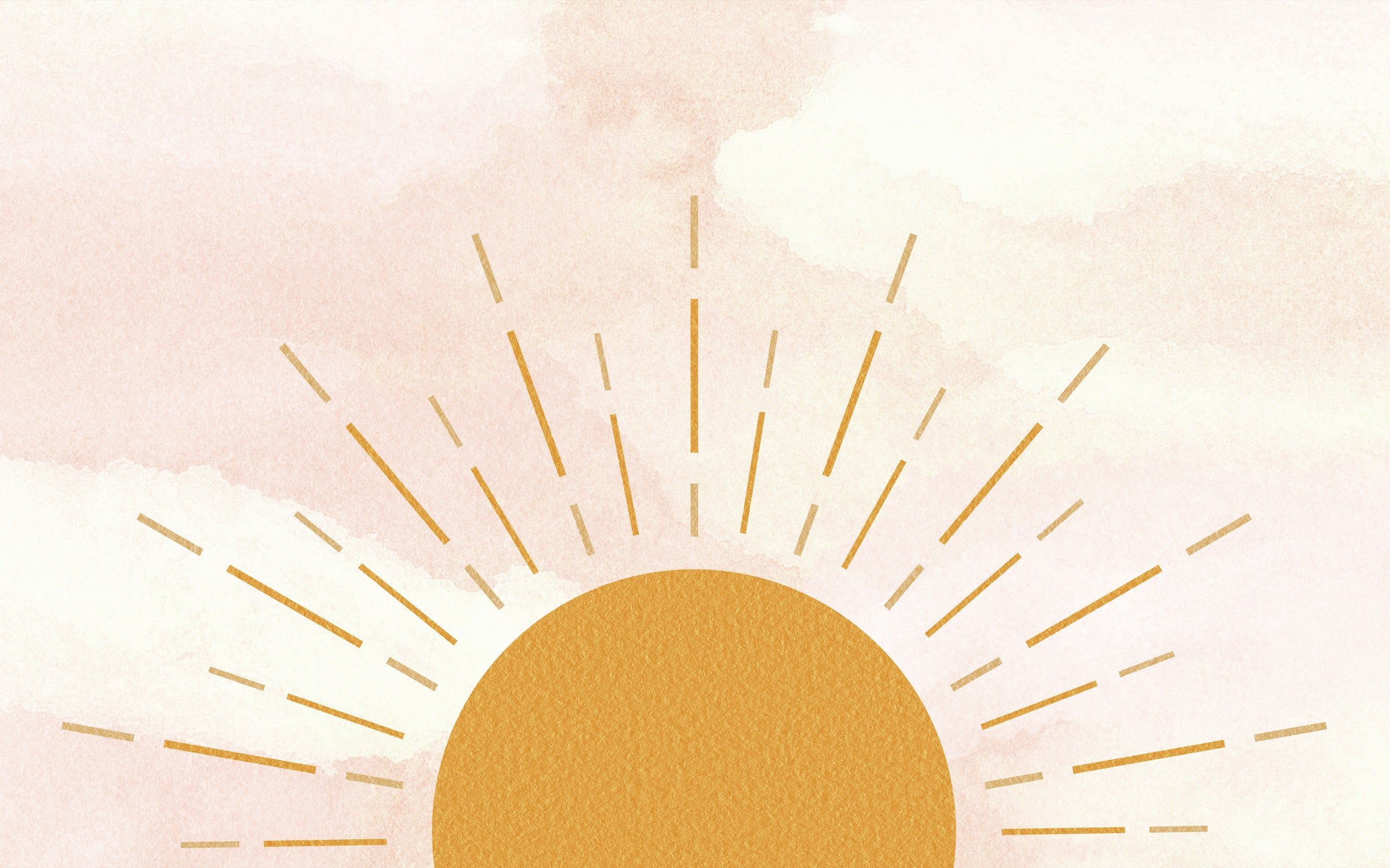 Boho-Sonne, Sonnenstrahlen, Aquarell, Senfgelb, Pastellrosa, 2K, PC-Hintergrundbild