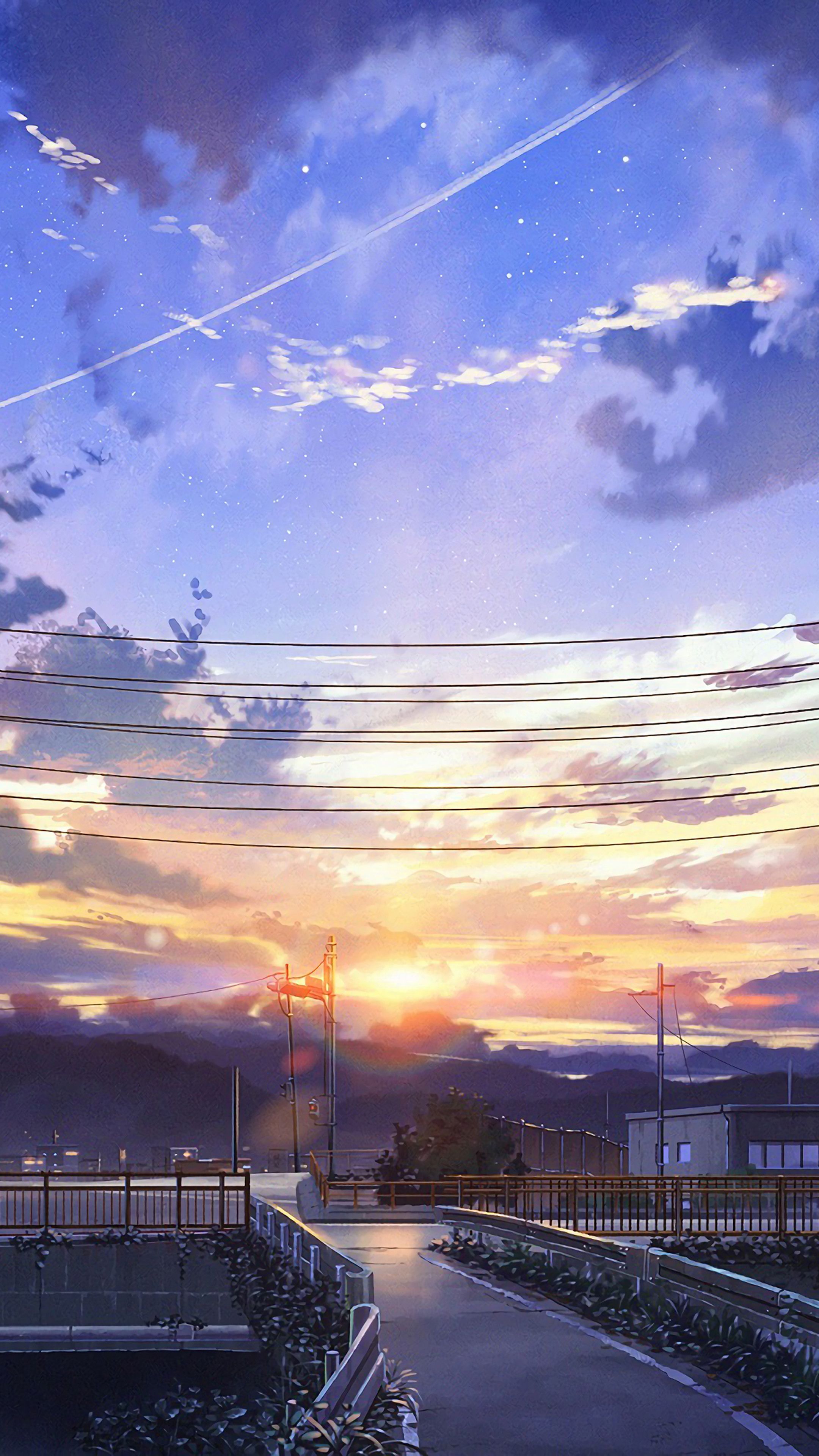 Anime-Himmel, Sonnenuntergang, Straße, Wolken, Illustration, QHD+, iPhone-Hintergrundbild