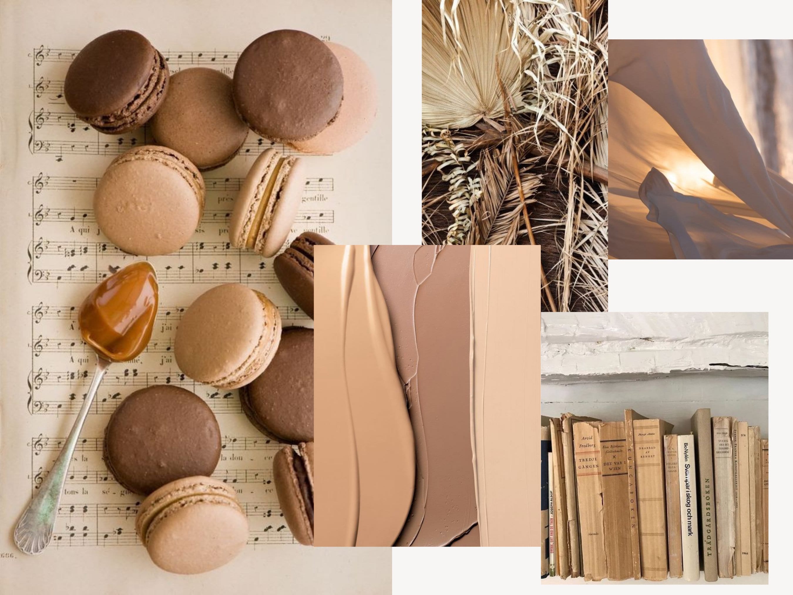 Collage, Macarons, Bücher, Braun-Beige, Moodboard, 2K, iPad-Hintergrundbild