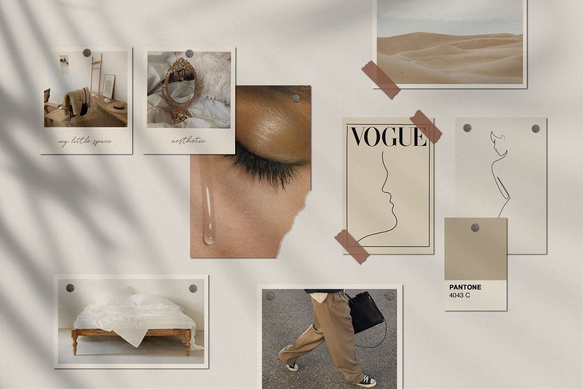 Moodboard, Vogue, Pinnwand, Fotos, Beige Ästhetik, Hintergrund