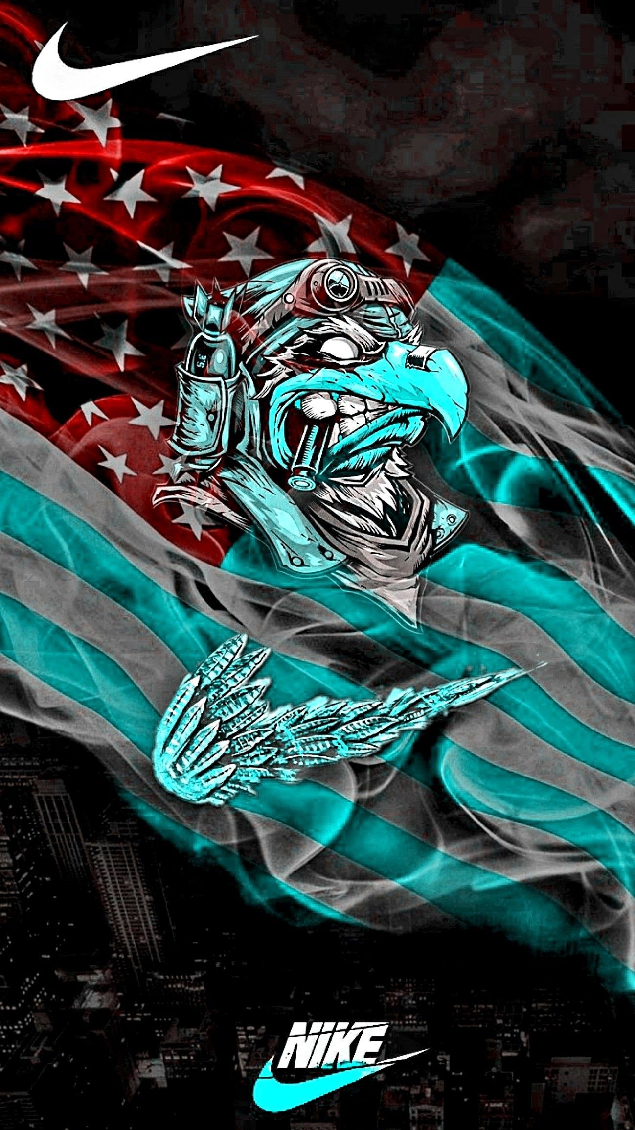 Nike, Totenkopf, Illustration, Türkis, Rot, Full HD, Hintergrundbild fürs Handy