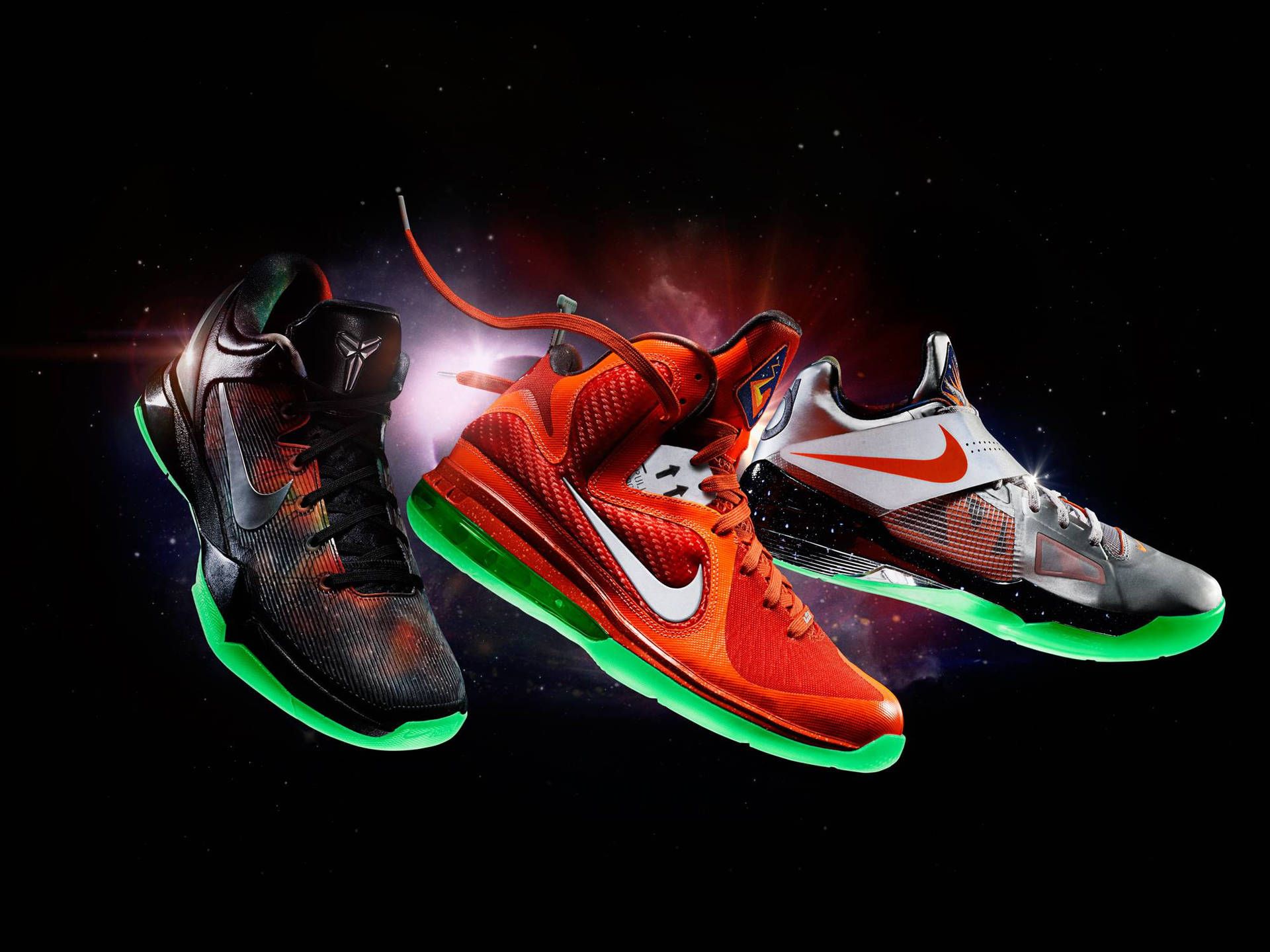 Nike, Basketballschuhe, Weltall, Rot, Grün, Full HD, Hintergrundbild fürs Tablet