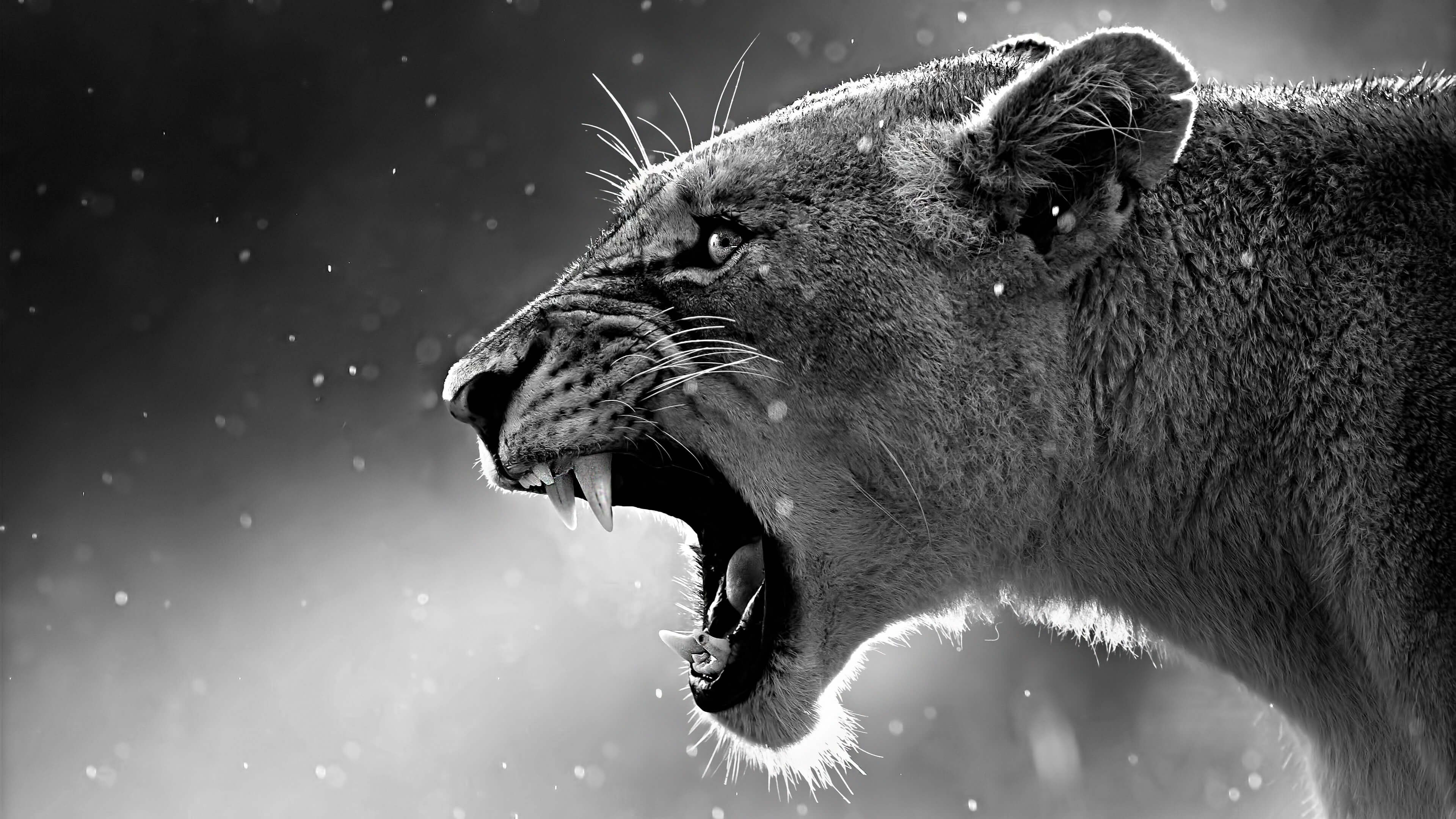 Löwin, Fauchen, Reißzähne, Profil, Gegenlicht, Monochrom, 4K, PC-Hintergrundbild