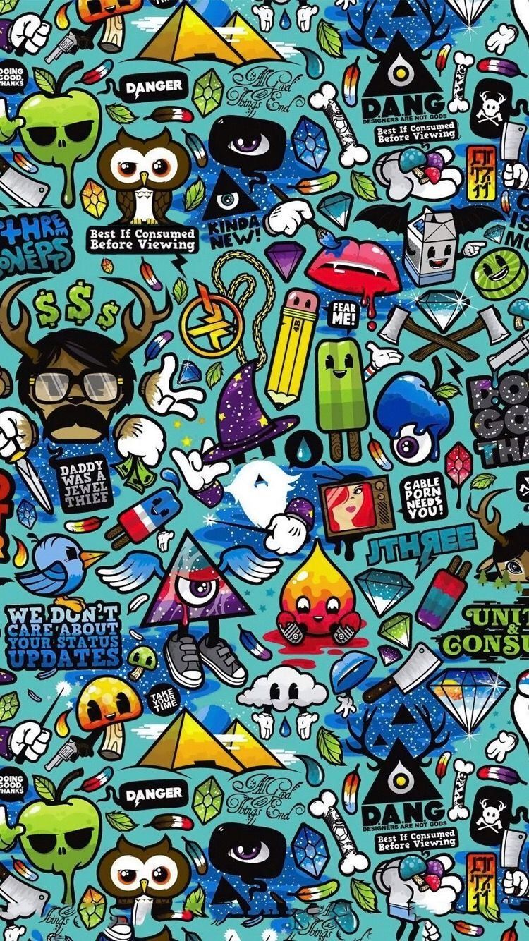 Sticker-Collage, Cartoon, Bunt, Doodle, HD, Sperrbildschirm fürs iPhone