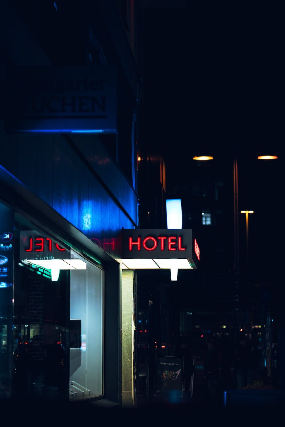 Hotel, Neonschild, Nacht, Großstadt, Dunkelblau, HD, Hintergrundbild fürs Tablet