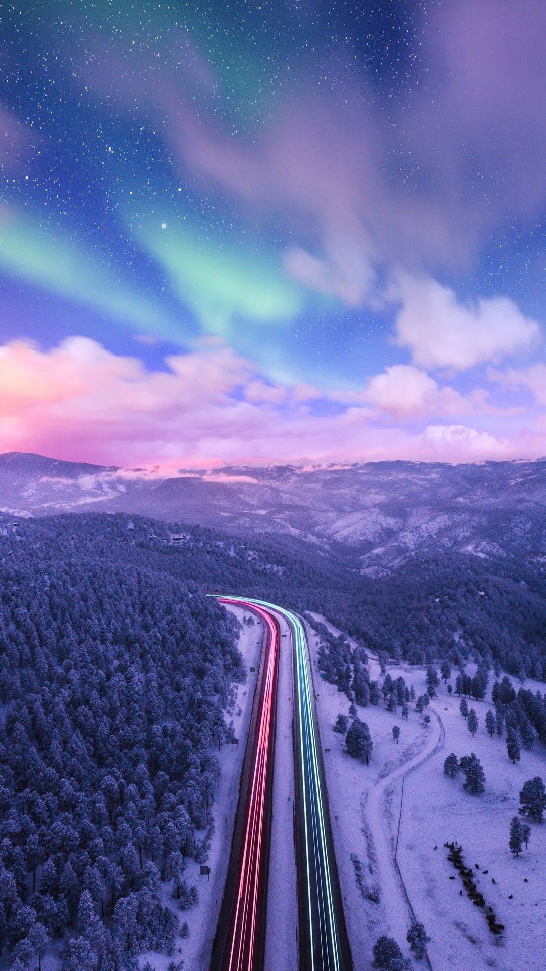 Winterlandschaft, Straße, Lichtspuren, Lila Himmel, Luftaufnahme, Full HD, iPhone-Hintergrundbild