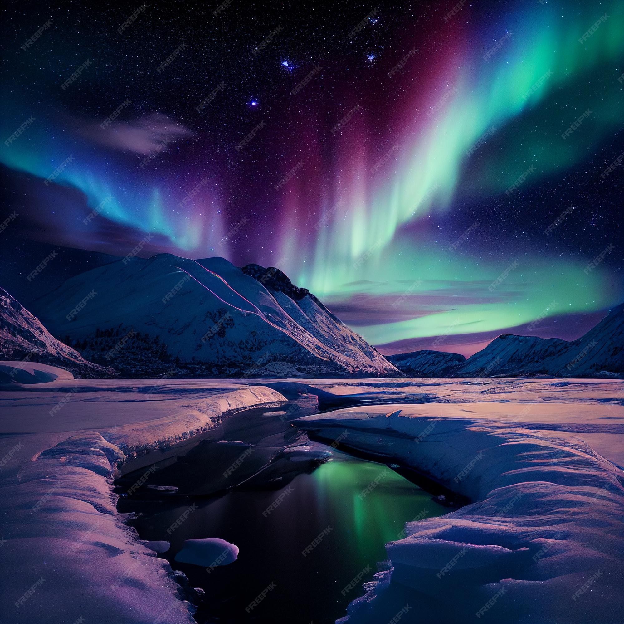 Nordlicht, Schneelandschaft, Berge, Bunt, Digitale Kunst, Full HD, iPad-Hintergrundbild