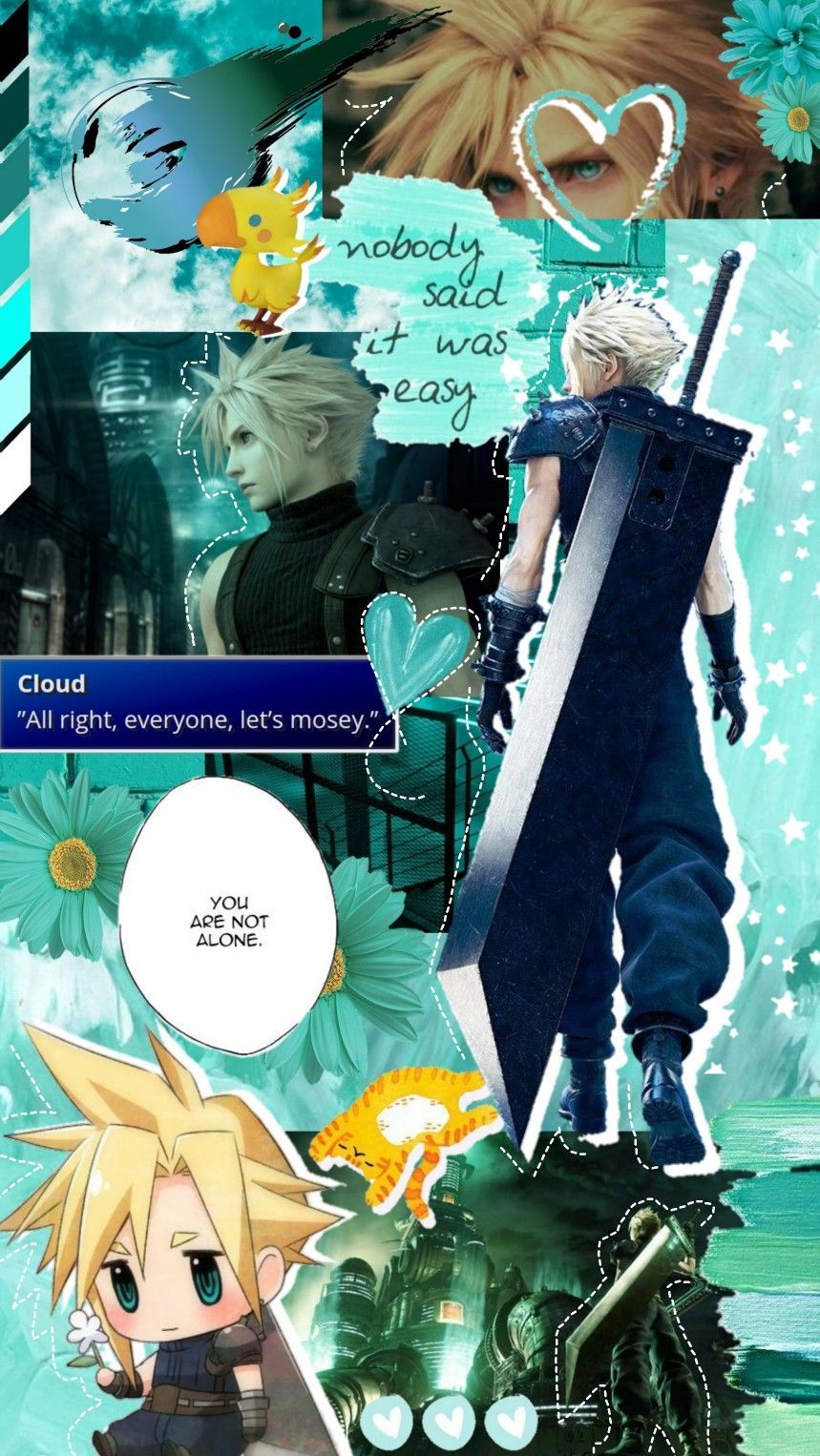 Cloud Strife, Final Fantasy VII, Collage, Chibi, Türkis, Sperrbildschirm fürs iPhone