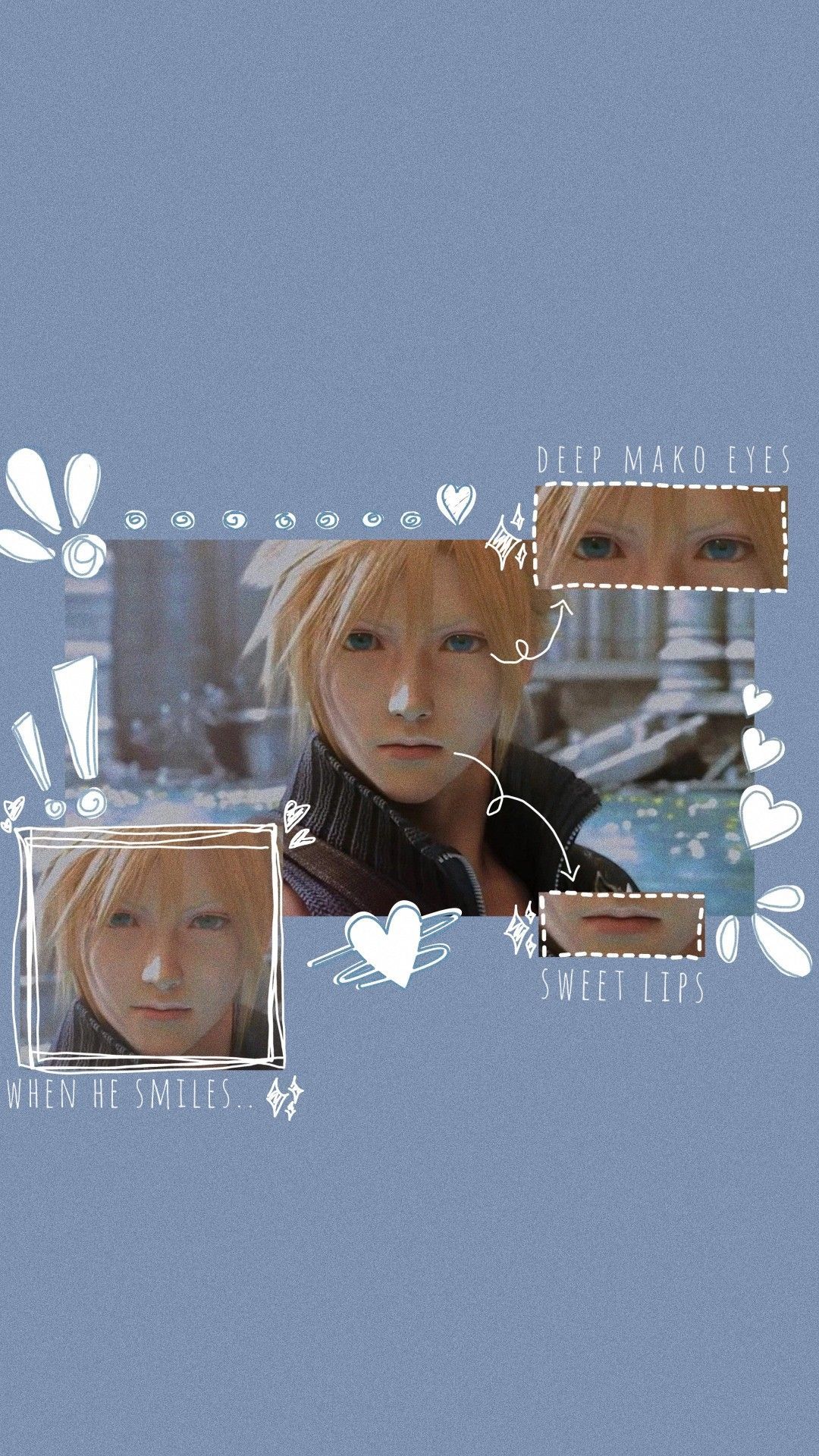 Cloud Strife, Final Fantasy VII, Collage, Pastellblau, Ästhetik, Full HD, iPhone-Hintergrundbild