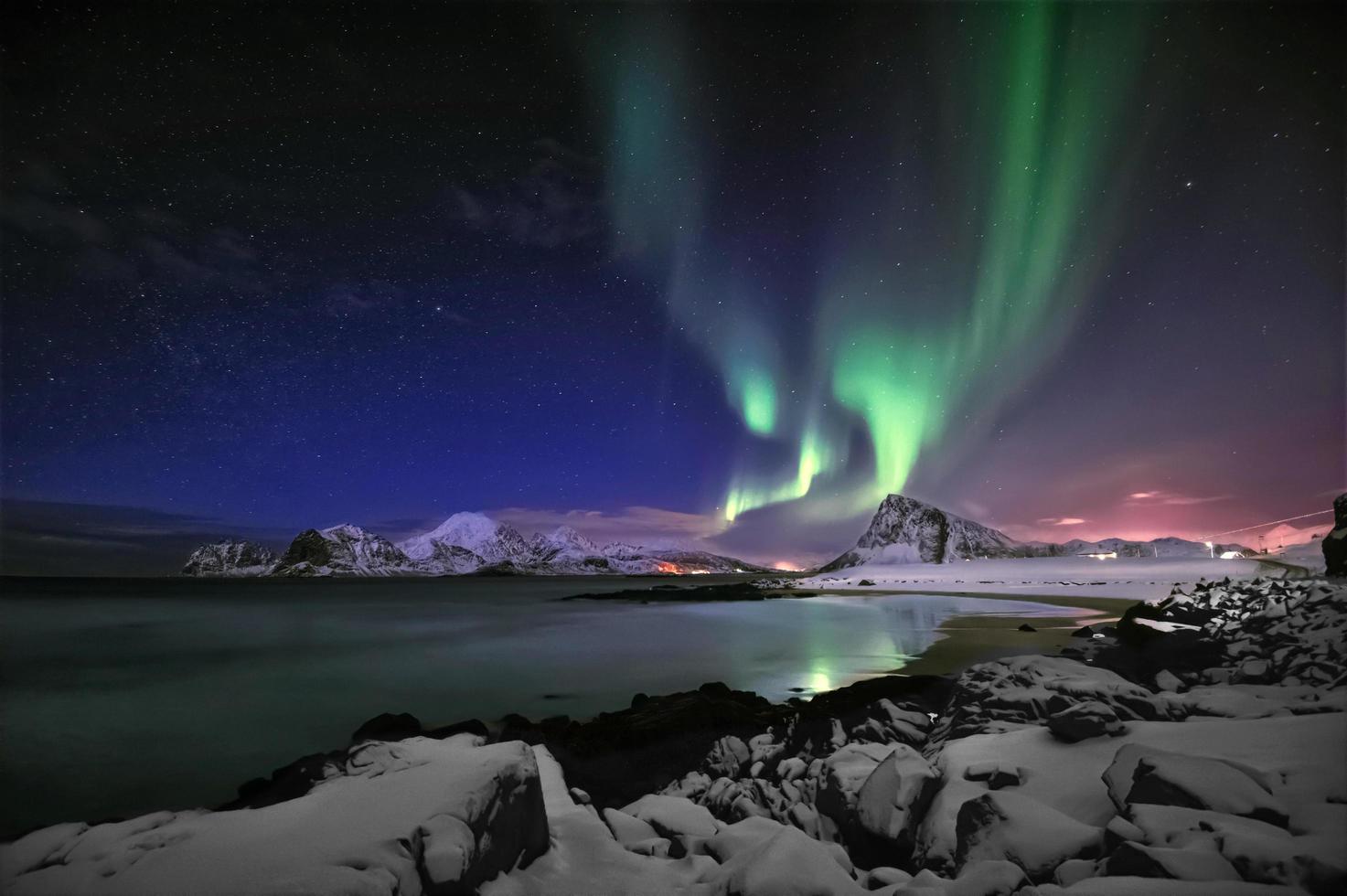 Polarlicht, Fjord, Schnee, Grün, Nacht, HD, Desktop-Hintergrund für Windows