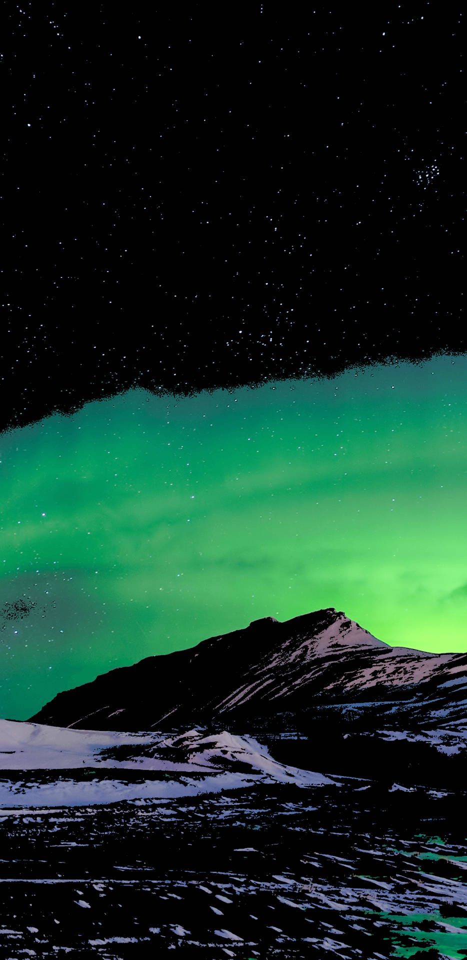 Grünes Leuchten, Höhle, Ausblick, Nacht, HD, Handy-Hintergrund im Hochformat