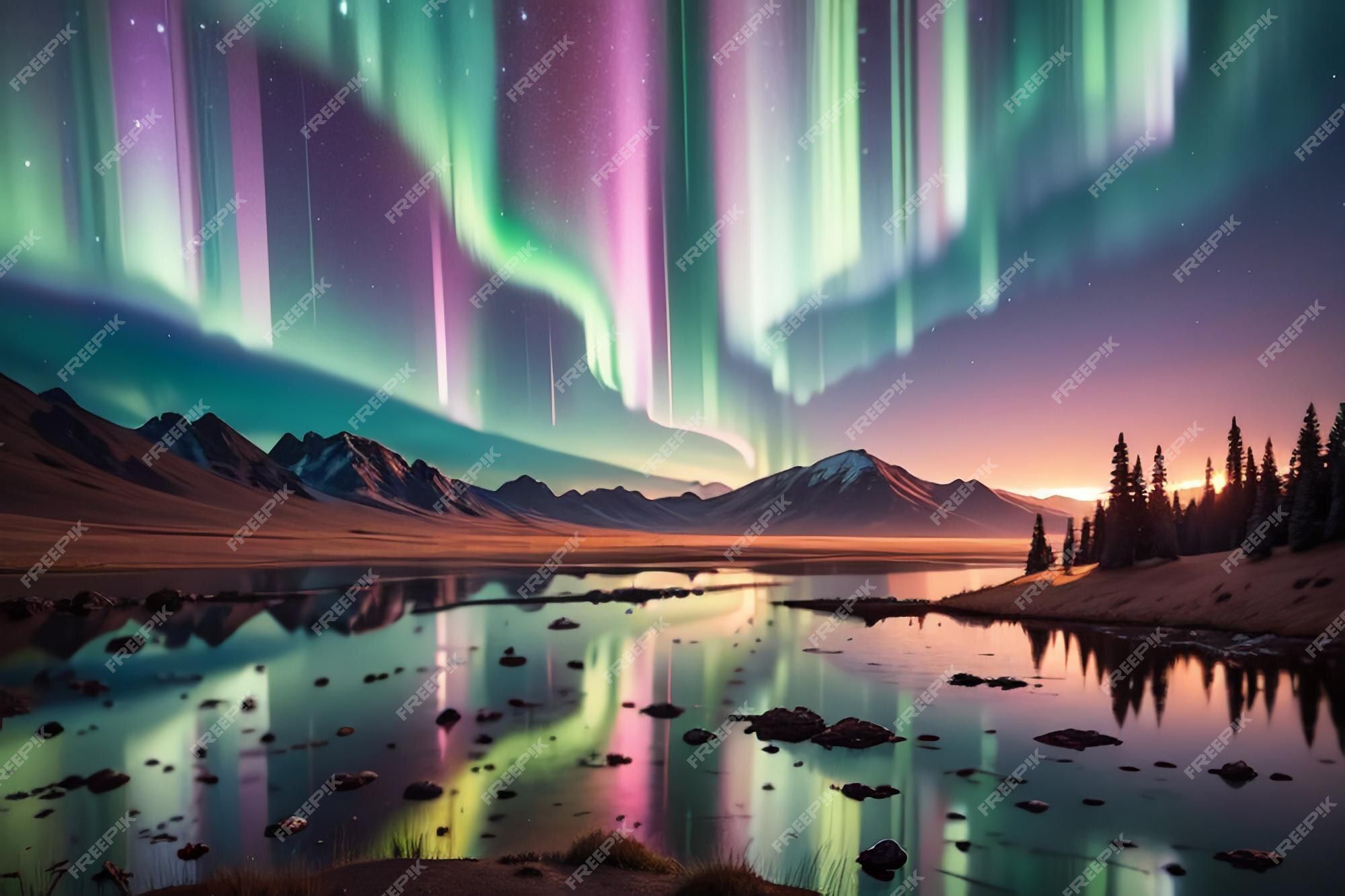 Nordlicht, Bunte Lichtvorhänge, Berge, See, Spiegelung, Full HD, Desktop-Hintergrund für Windows