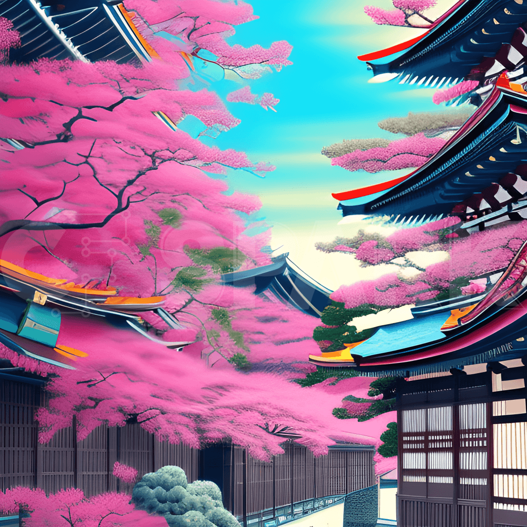 Pagode, Japan, Kirschbäume, Digitale Kunst, Pink und Türkis, Hintergrundbild fürs iPad