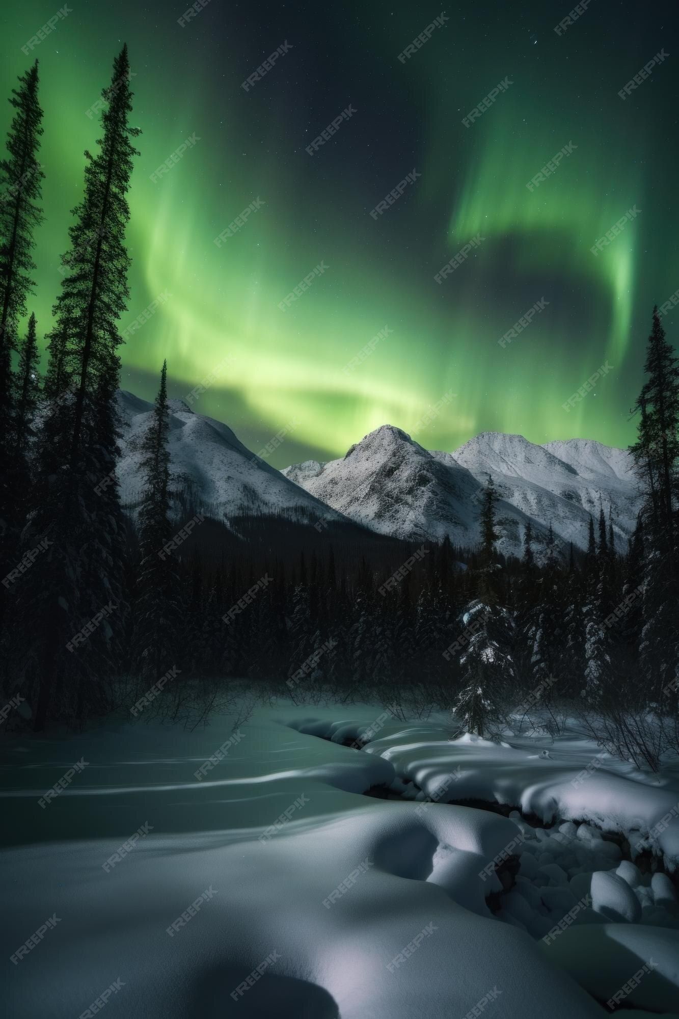 Nordlicht, Verschneiter Wald, Tannen, Berge, Winter, Full HD, Hintergrundbild fürs Handy