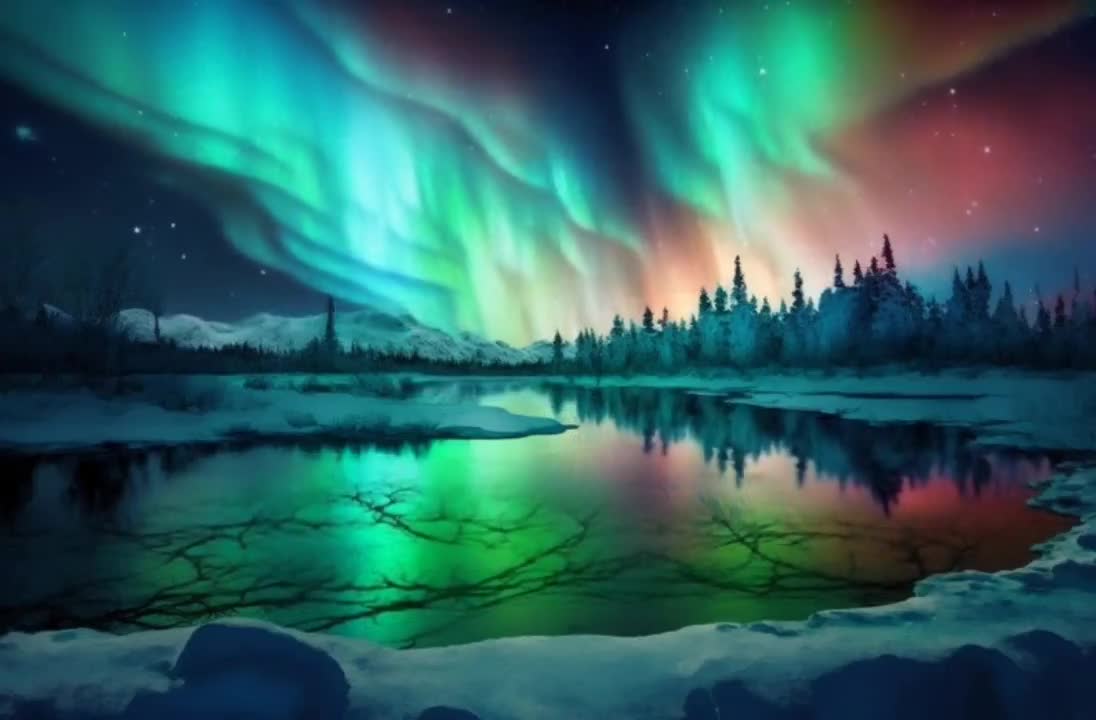 Polarlichter, See, Spiegelung, Tannen, Rot, Grün, Hintergrundbild