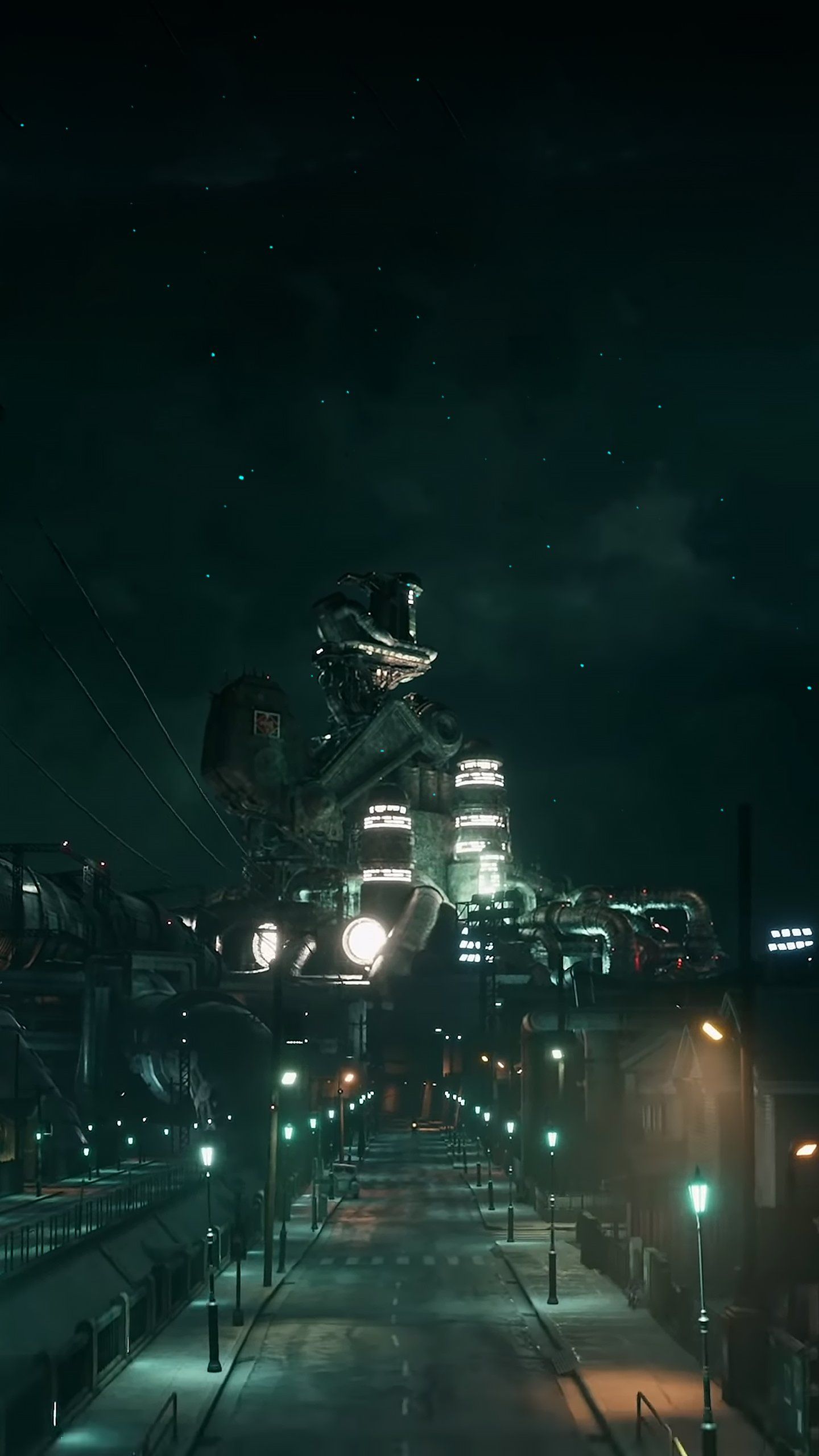 Midgar, Final Fantasy VII, Stadt bei Nacht, Dunkelgrün, Hochformat, QHD+, Handy-Hintergrund