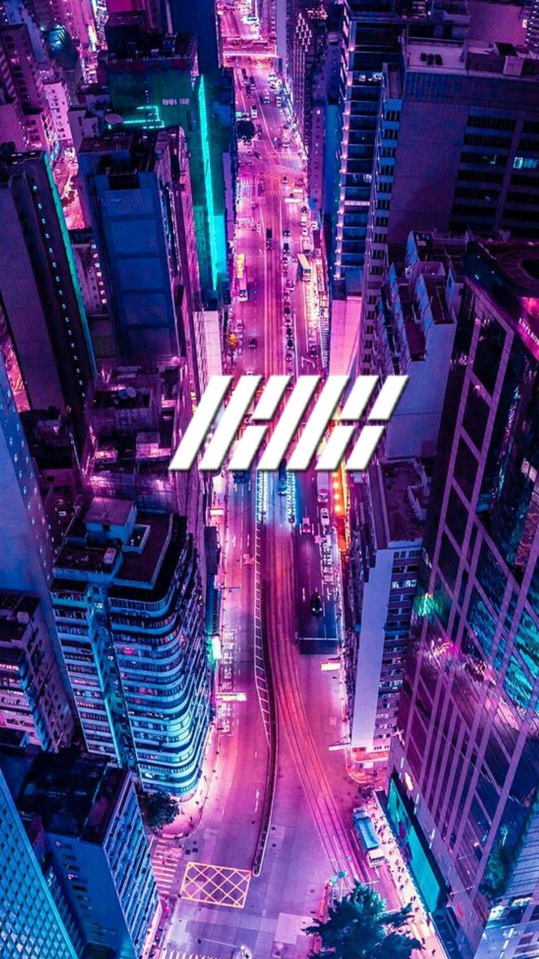 Logo, Großstadt, Vogelperspektive, Neon, Pink und Blau, Full HD, Sperrbildschirm fürs iPhone