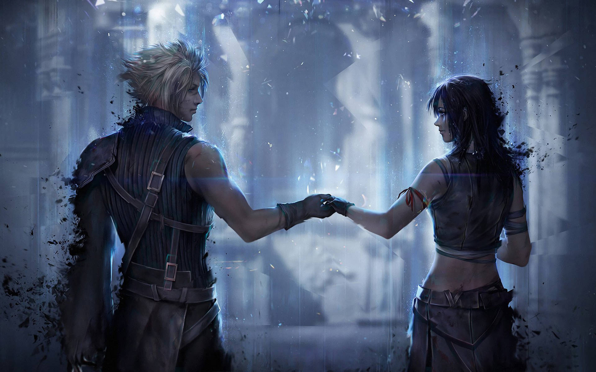 Cloud Strife, Tifa Lockhart, Final Fantasy VII, Händchenhalten, Blau, Full HD, Laptop-Hintergrundbild