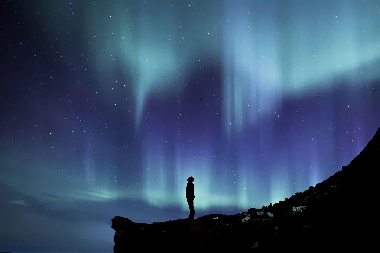 Nordlicht, Silhouette, Mensch, Klippe, Blau, HD, Hintergrundbild für den PC