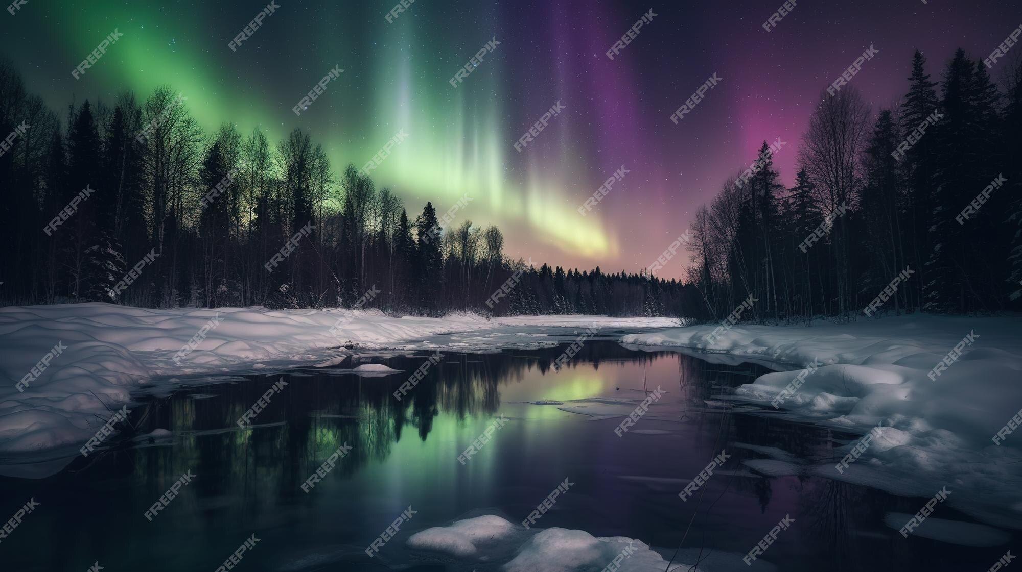 Polarlicht, Wald, Gefrorener Fluss, Schnee, Grün, 16:9, Full-HD-Hintergrundbild für den Desktop