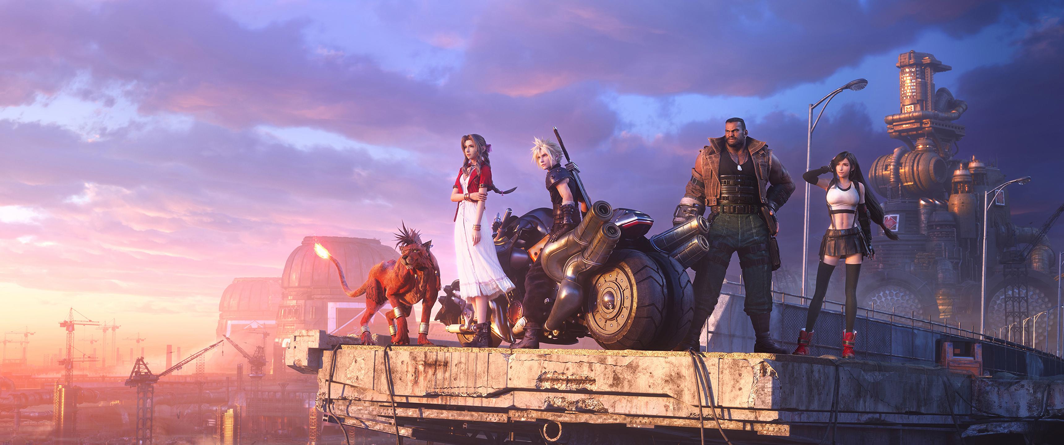 Final Fantasy VII Remake, Cloud Strife, Aerith Gainsborough, Tifa Lockhart, Barret Wallace, Red XIII, Sonnenuntergang, 2K-Hintergrundbild