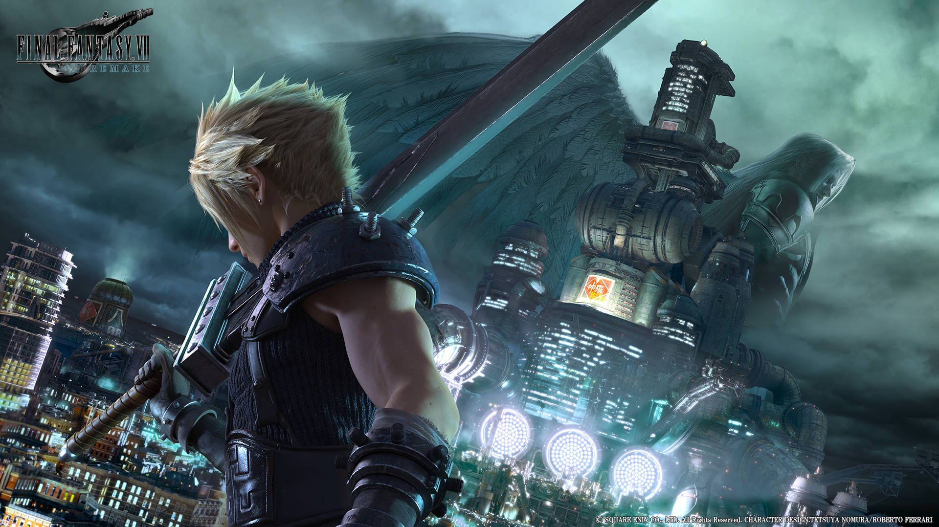 Cloud Strife, Final Fantasy VII Remake, Midgar, Buster Sword, Stadt bei Nacht, Full-HD-Hintergrundbild