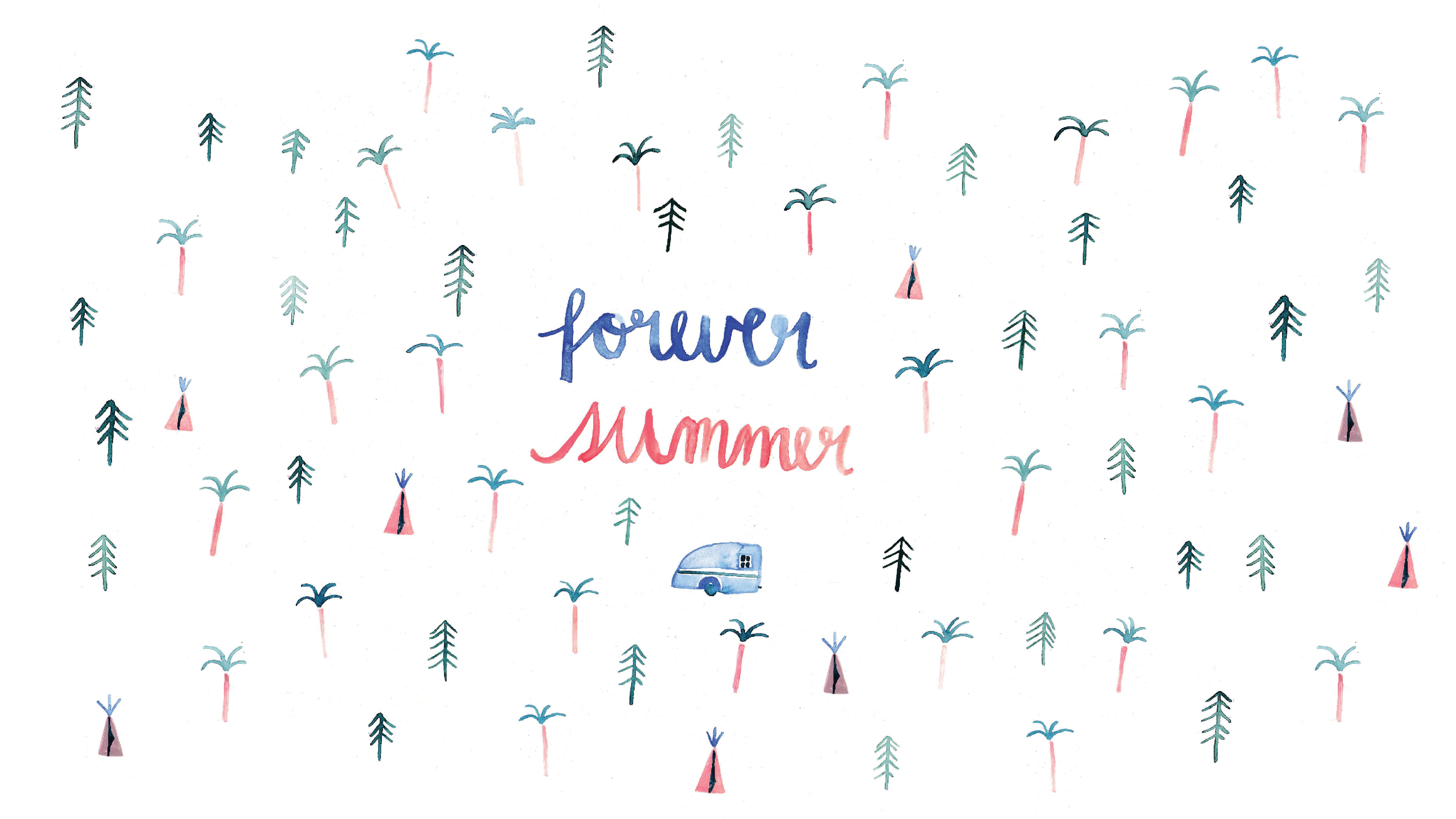 Forever Summer, Palmen, Schriftzug, Wohnmobil, Weißer Hintergrund, 5K Wallpaper