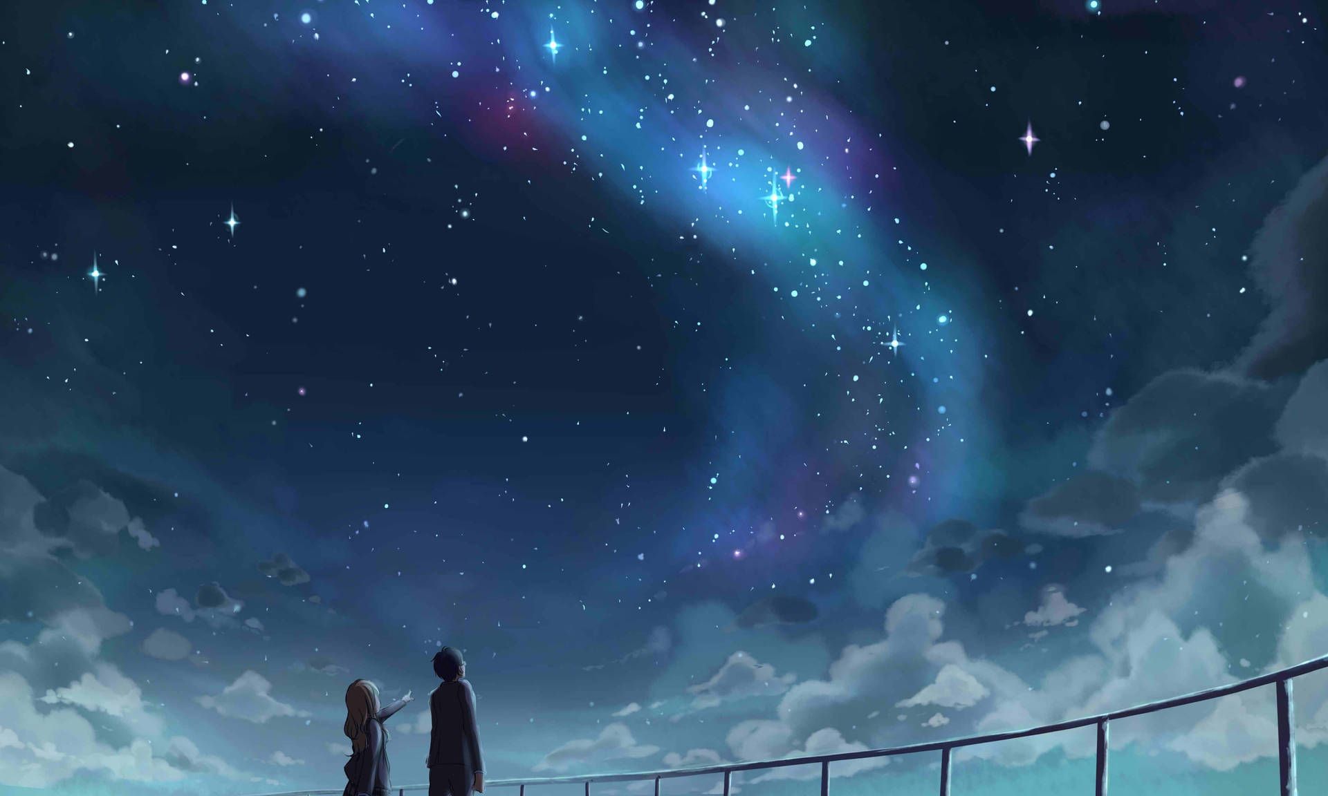 Sternenhimmel, Paar, Anime-Stil, Wolken, Blau, Full HD, Desktop-Hintergrund für Windows