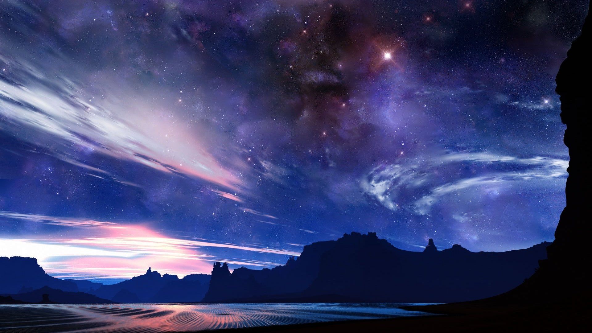 Milchstraße, Sternenhimmel, Berge, Lila, Digitale Kunst, Full HD, Laptop-Hintergrundbild