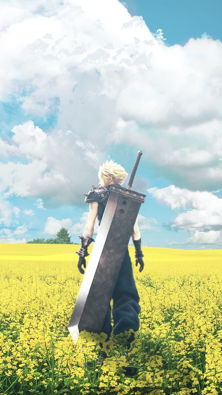 Cloud Strife, Final Fantasy VII, Blumenfeld, Gelbe Blumen, Wolken, HD, Handy-Hintergrund