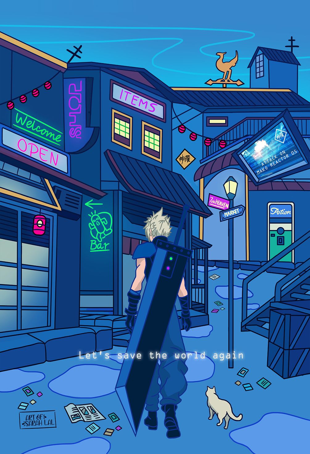 Cloud Strife, Final Fantasy VII, Pixel-Art, Straße, Nacht, Blau, Hintergrundbild fürs iPad