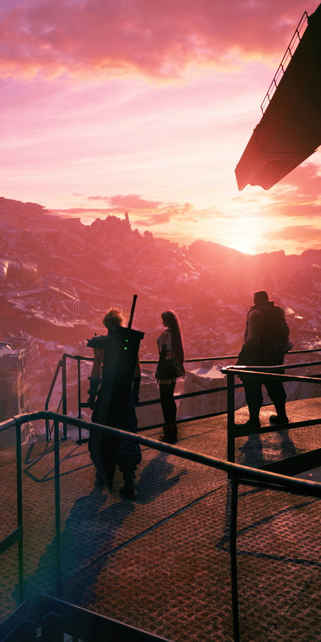 Final Fantasy VII Remake, Sonnenuntergang, Silhouetten, Buster Sword, Hochformat, Sperrbildschirm
