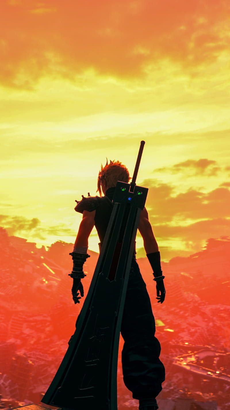 Final Fantasy VII Rebirth, Silhouette, Sonnenuntergang, Orange, Hochformat, Sperrbildschirm fürs iPhone