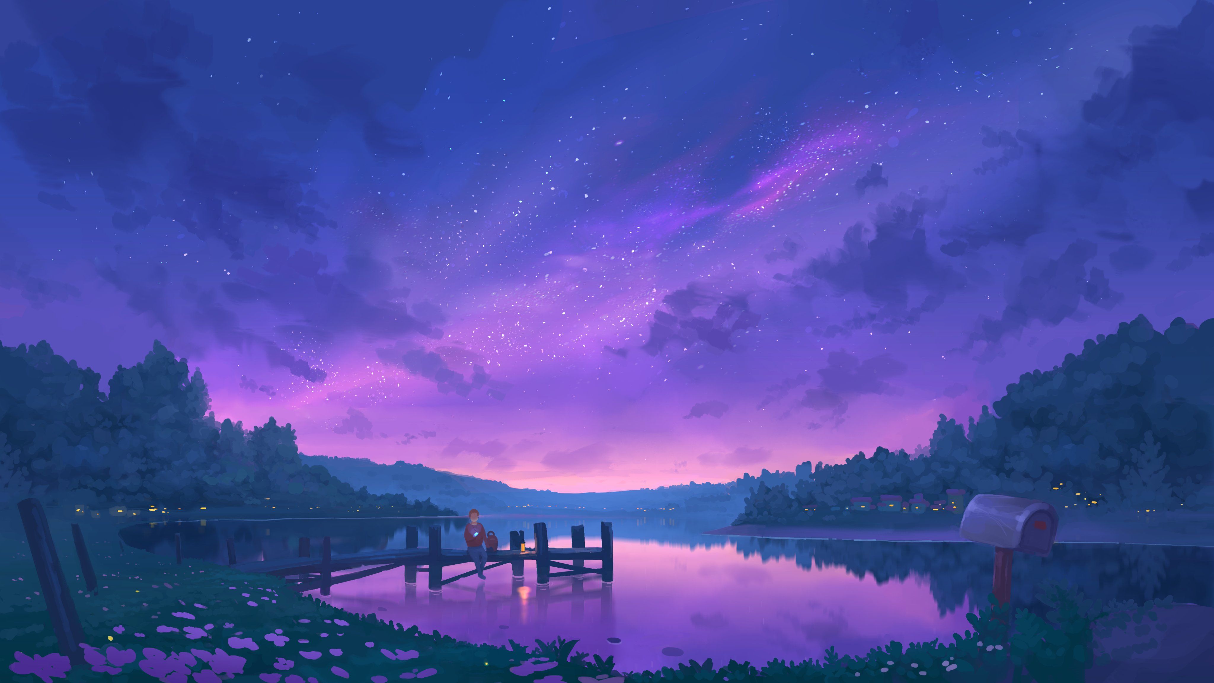 Anime-Landschaft, Steg, See, Lila Himmel, Sternschnuppe, 4K, Breitbild-Hintergrundbild