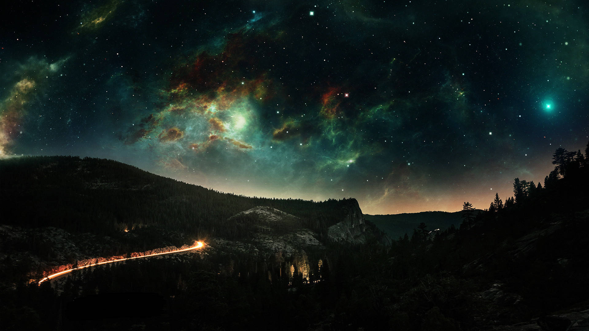 Nebel, Sternenhimmel, Hügel, Lichtspur, Nacht, Full HD 1080p, Desktop-Hintergrundbild