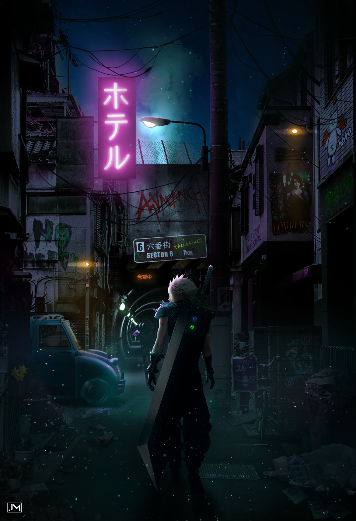 Sephiroth, Final Fantasy VII, Neonschild, Gasse, Nacht, Full HD, Hintergrundbild fürs Tablet