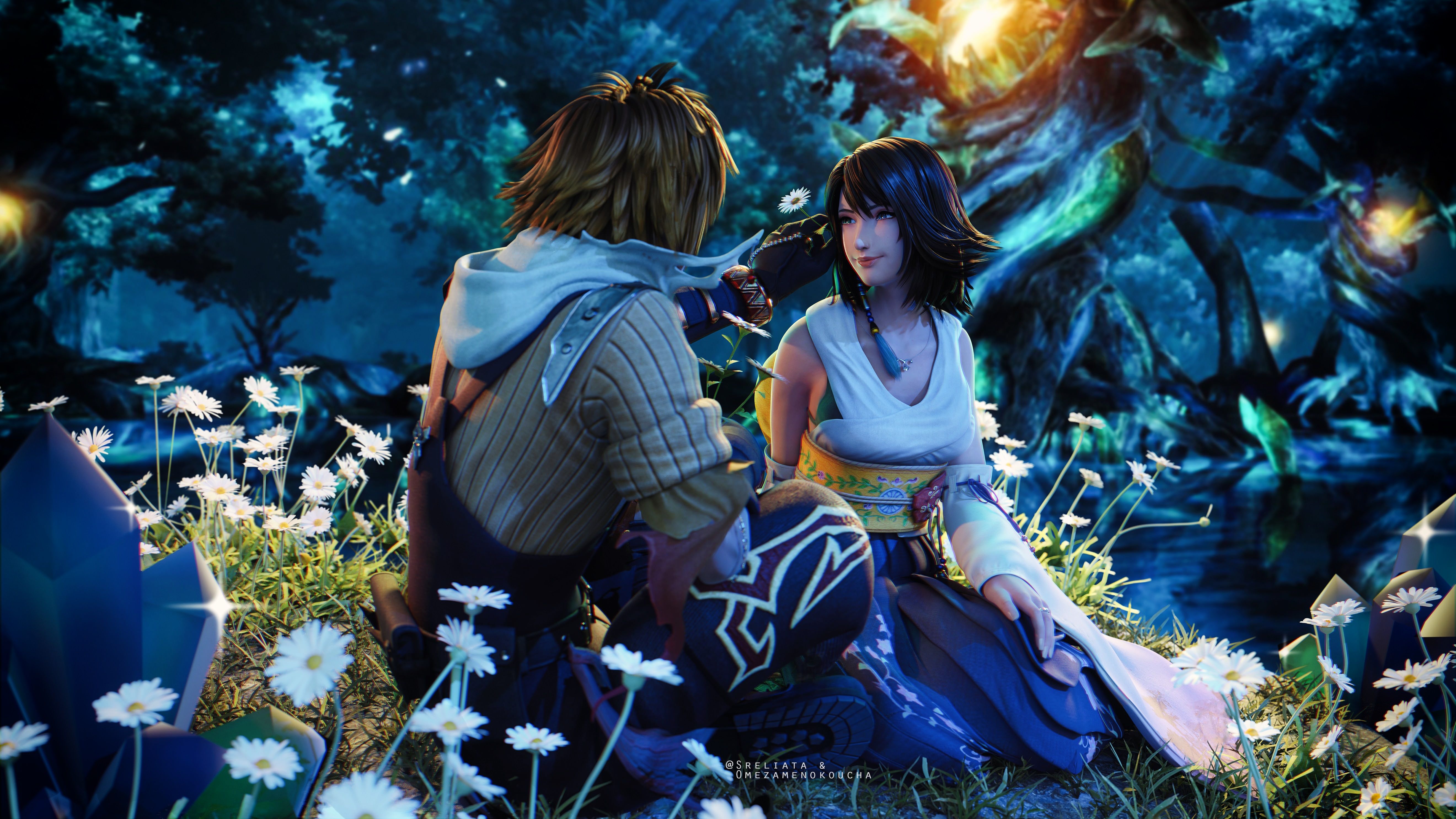 Tidus, Yuna, Final Fantasy X, Blumenwiese, Nacht, Romantik, 5K, Breitbild-Hintergrundbild