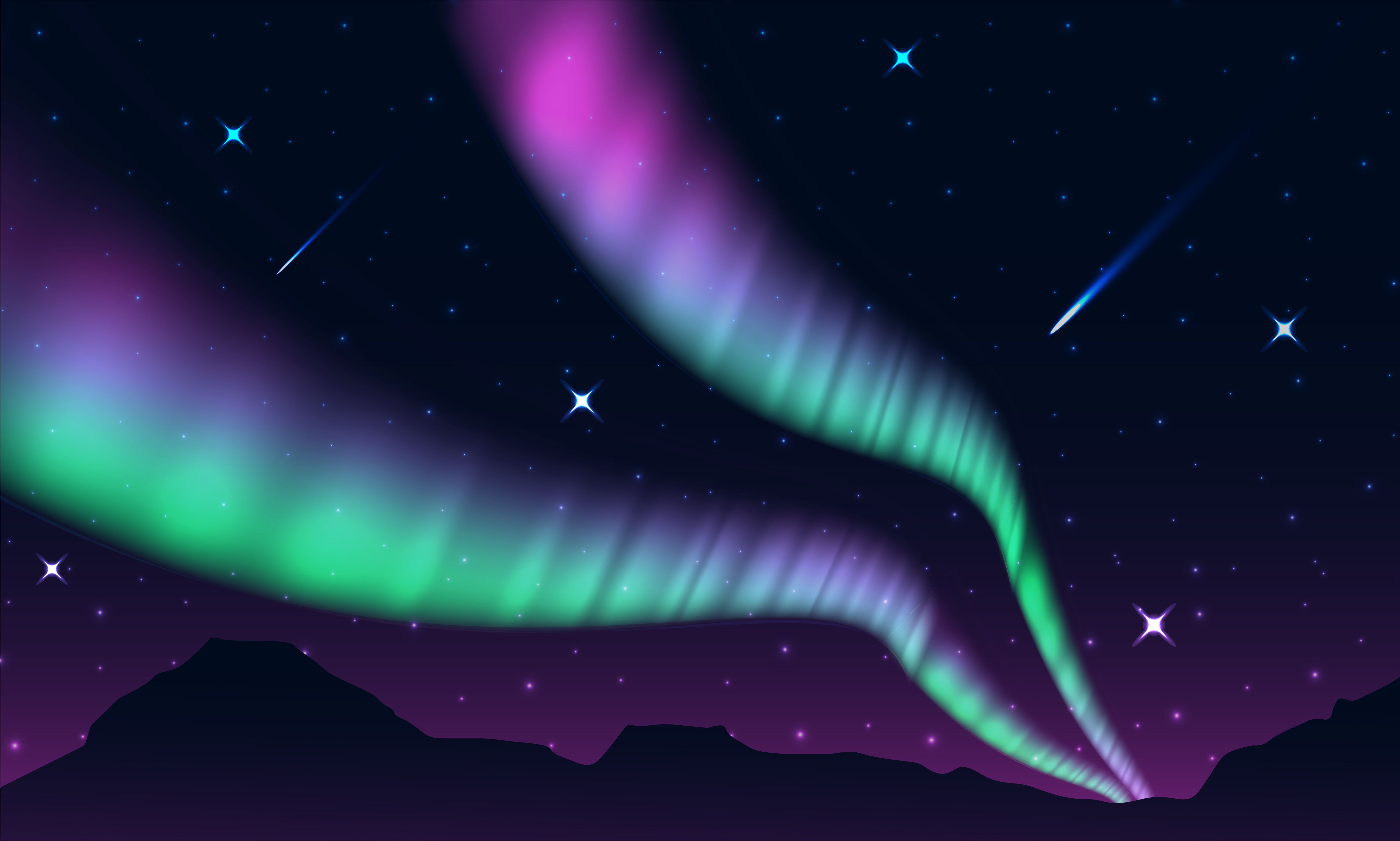 Polarlicht, Illustration, Sternschnuppen, Berge, Vektorgrafik, 5K, Windows-Hintergrundbild