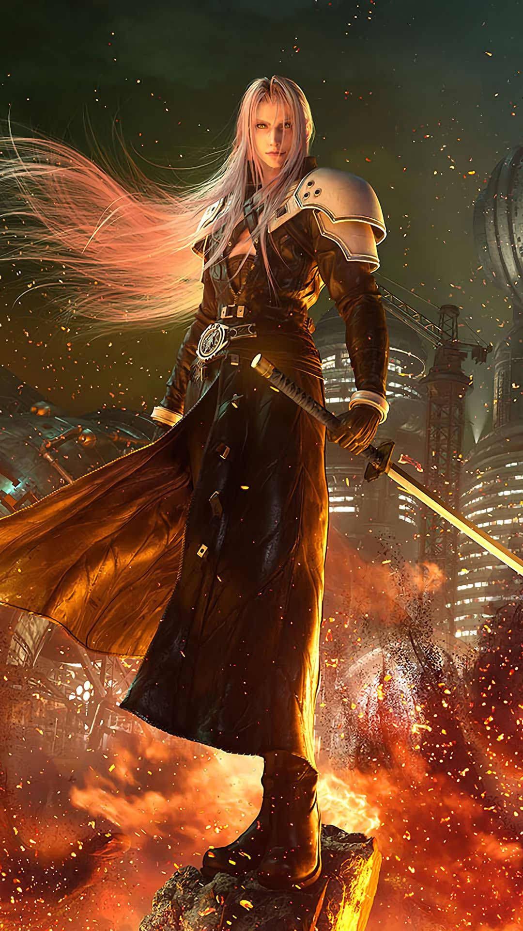 Sephiroth, Final Fantasy VII, Flammen, Masamune, Hochformat, Full HD, Handy-Hintergrundbild