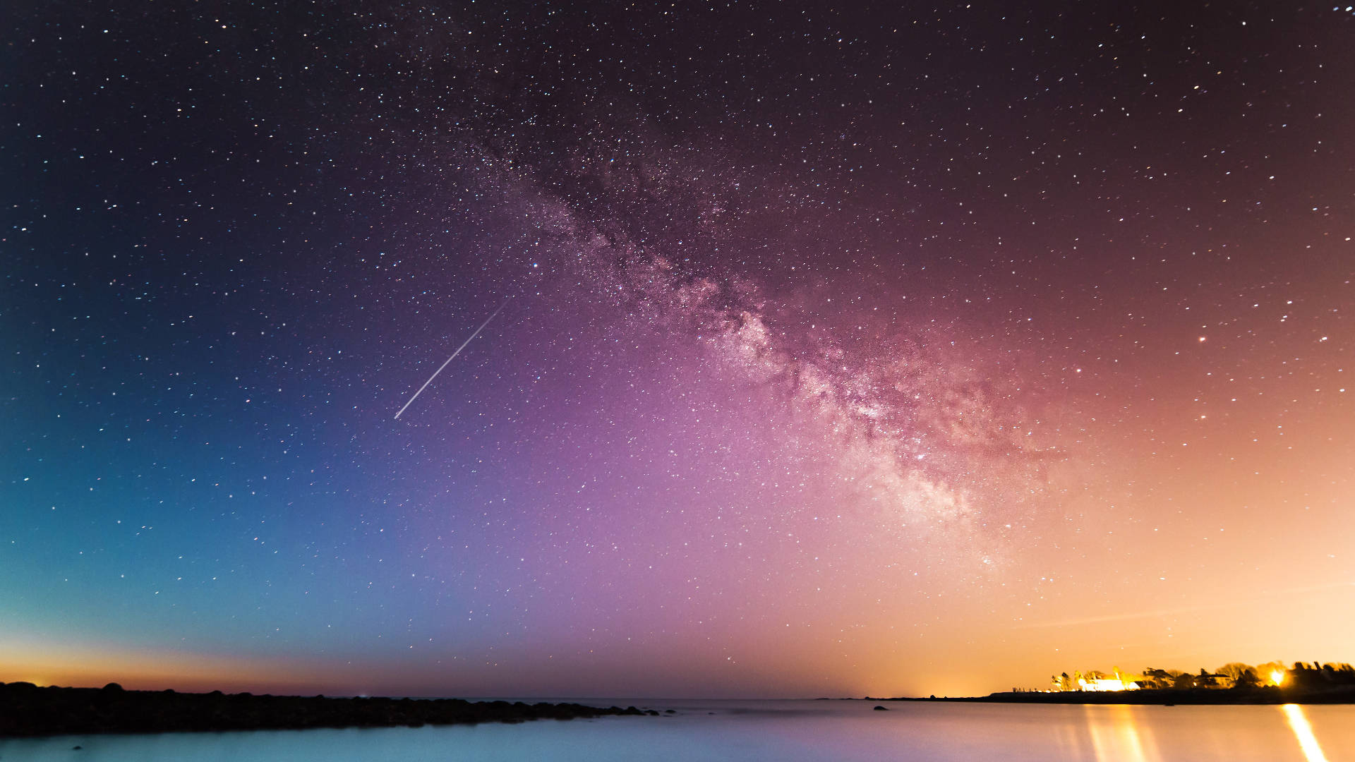 Milchstraße, Sternschnuppe, Meer, Horizont, Orange, 1920x1080, Full-HD-Hintergrundbild für PC