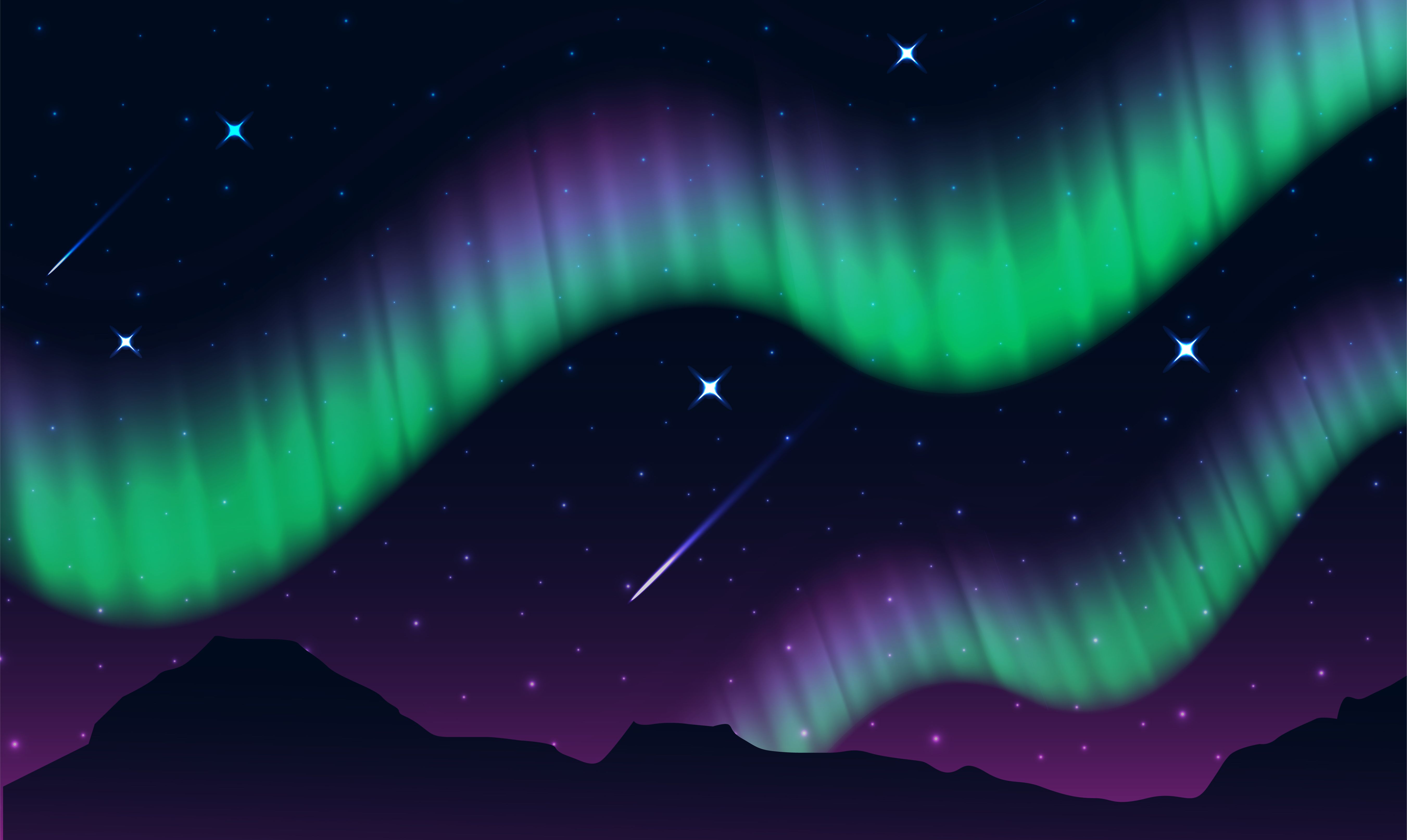 Nordlicht, Illustration, Grün, Lila, Sterne, 5K, Hintergrundbild für den PC