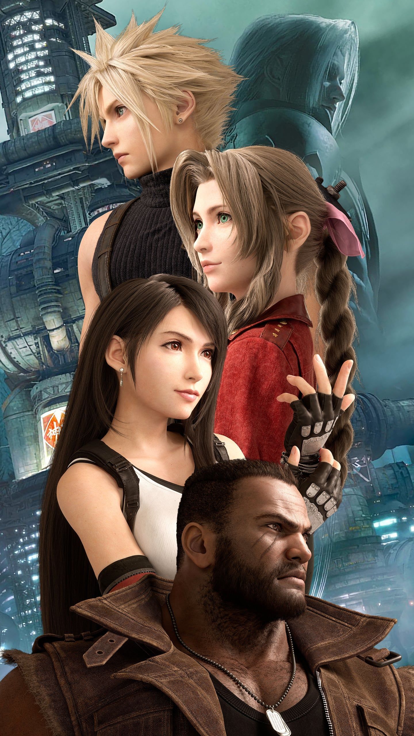 Final Fantasy VII Rebirth, Cloud Strife, Aerith Gainsborough, Tifa Lockhart, Barret Wallace, Gruppenbild, Smartphone-Hintergrund