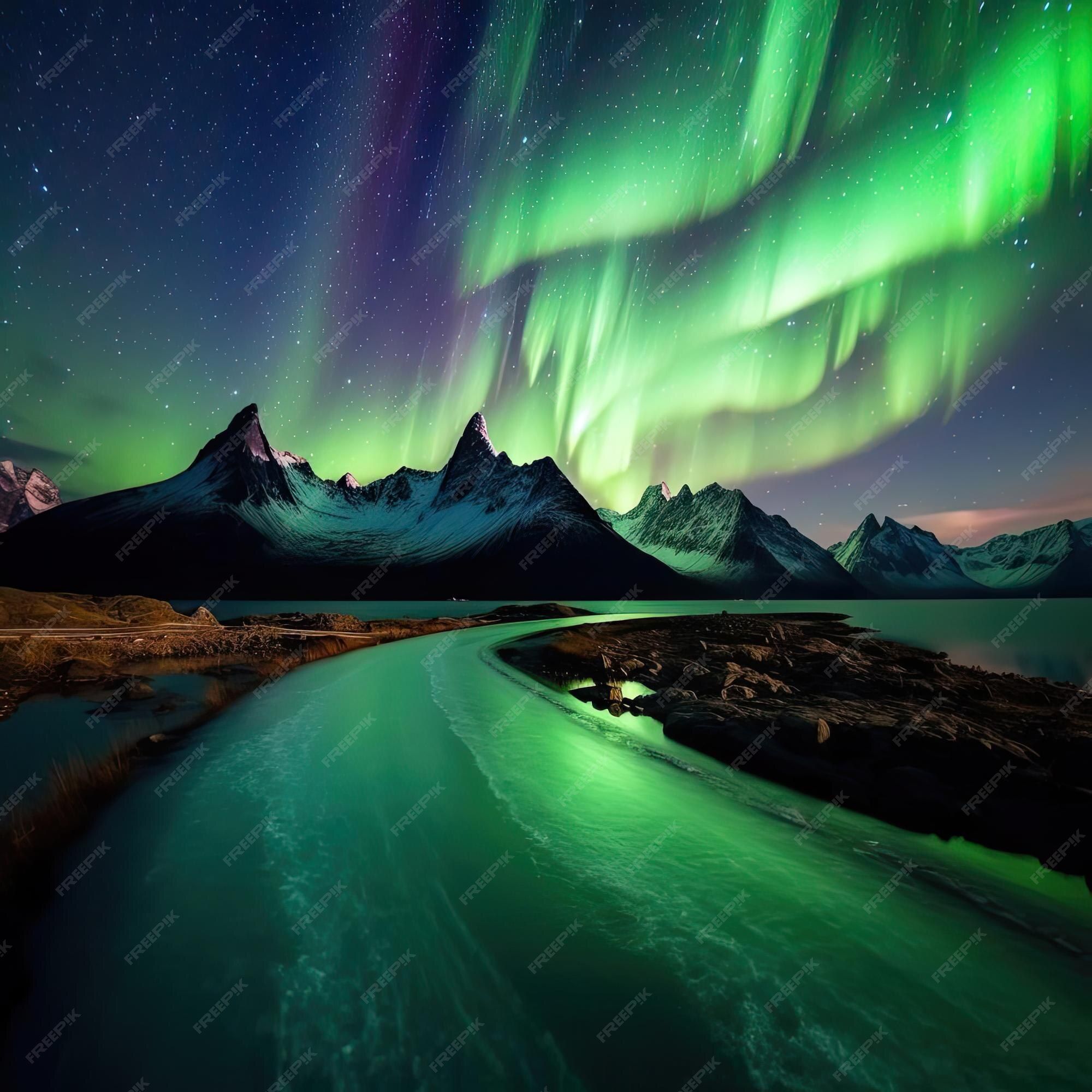 Polarlicht, Gezackte Berge, Gefrorener Fluss, Spiegelung, Grün, Full HD, Tablet-Hintergrund