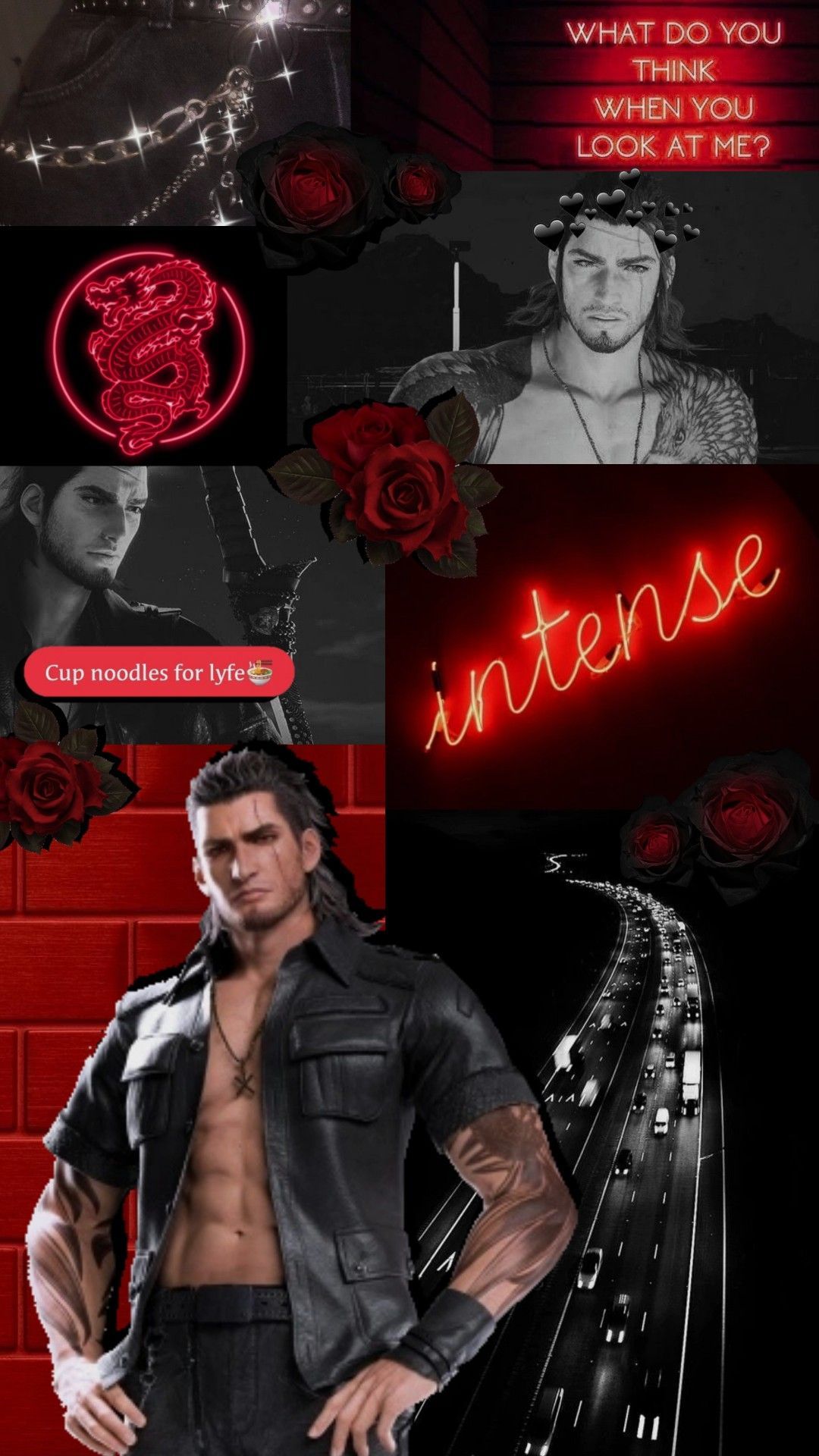 Gladiolus Amicitia, Final Fantasy XV, Collage, Rot-Schwarz, Ästhetik, Full HD, iPhone-Hintergrundbild