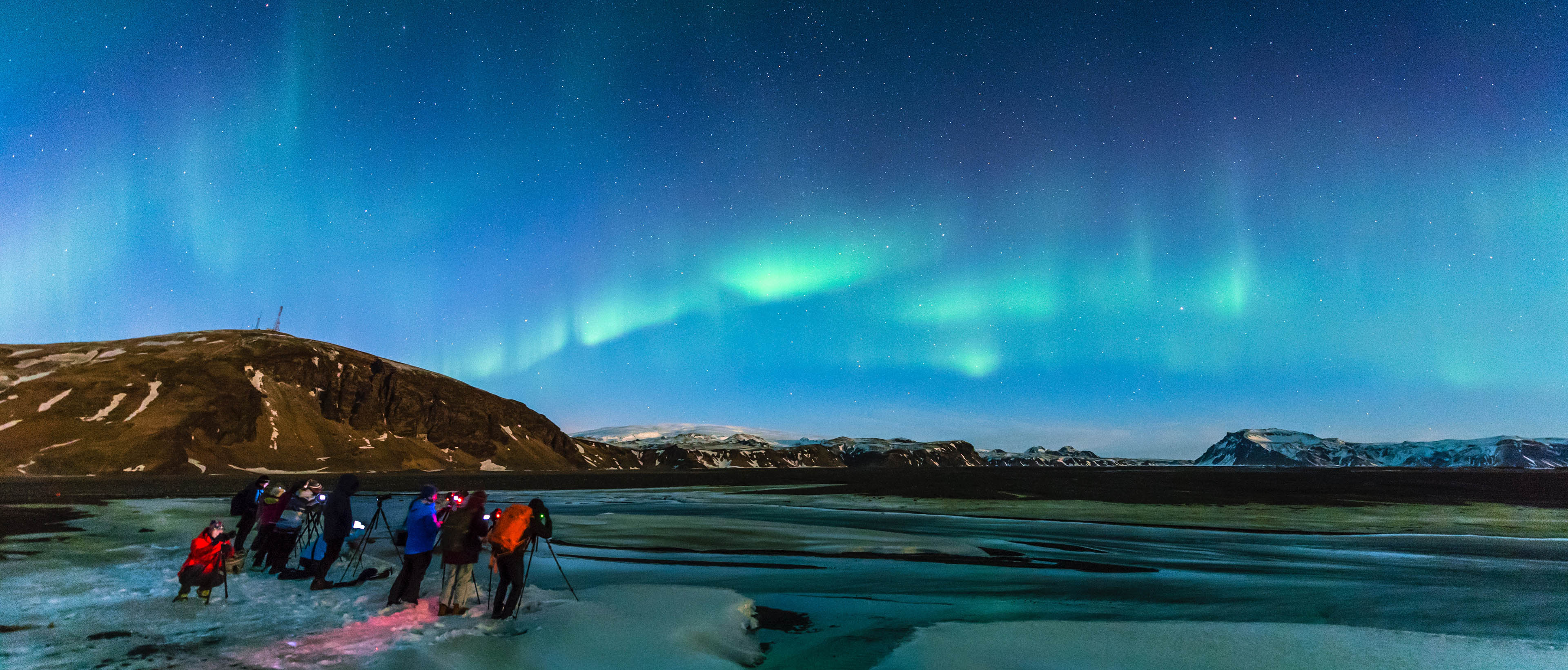 Nordlicht, Menschengruppe, Eisfläche, Panorama, Türkis, 4K, Hintergrundbild für den PC