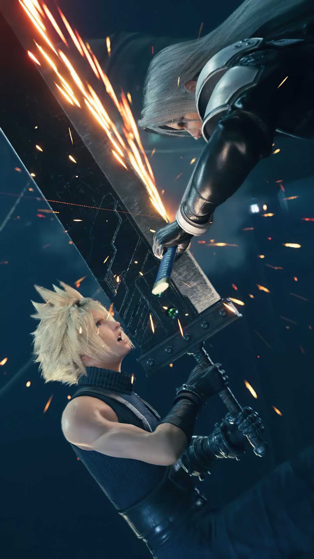 Cloud Strife, Sephiroth, Final Fantasy VII, Kampf, Funken, Hintergrundbild fürs Handy